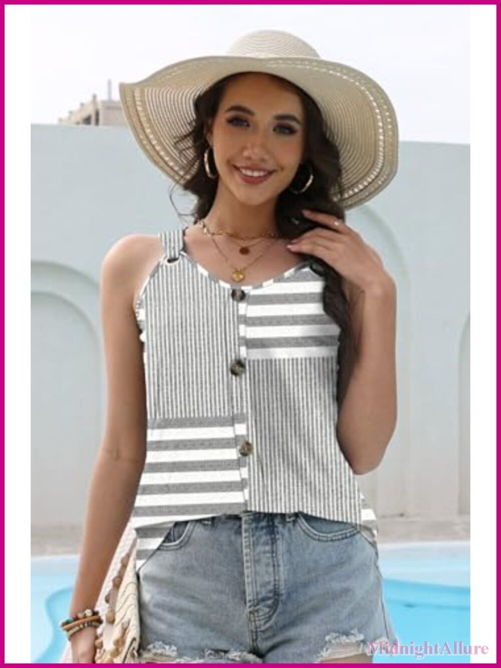 Women's Sleeveless Tank Top V-Neck Loose Fit Eyelet Boho Summer Top - Picture 2 of 5